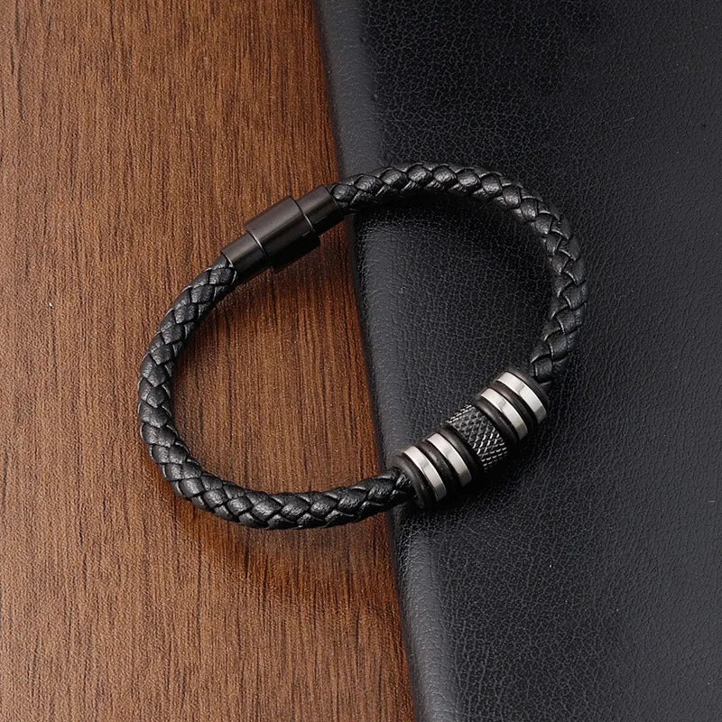 Casual Vintage Style Geometric Pu Leather Titanium Steel Woven Chain Wrap Bracelets Wholesale