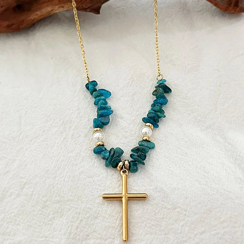 Retro Cross natural stone Titanium Steel Pendant Necklace In Bulk