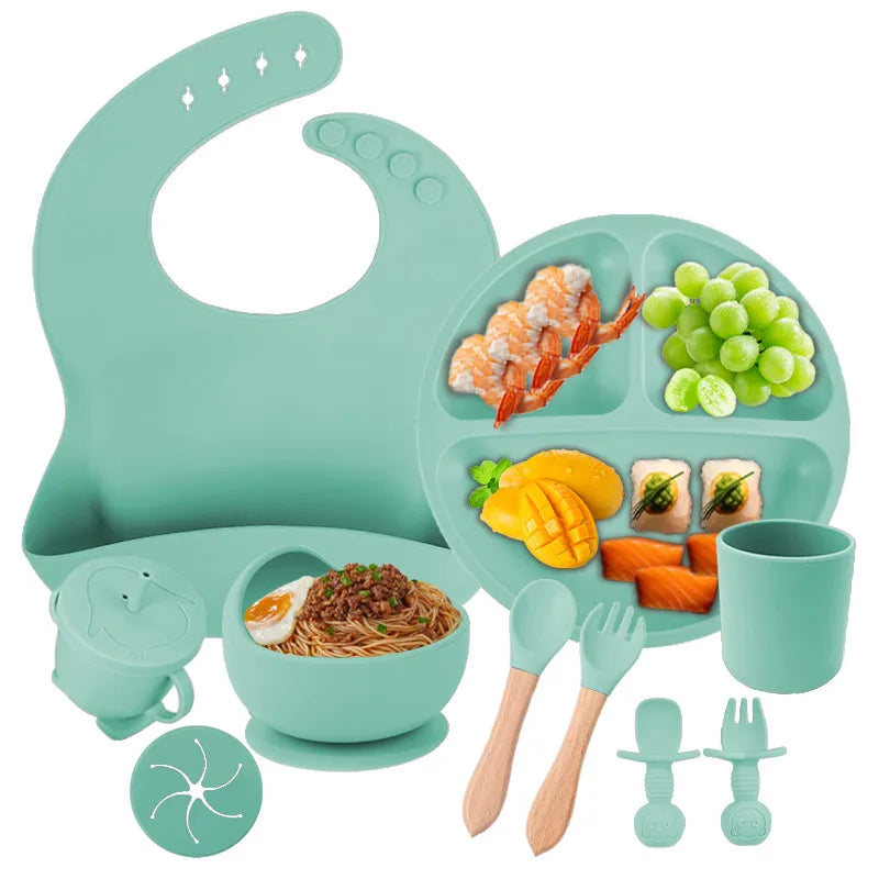 Baby silicone tableware suit baby learning to eat food supplement tableware self-eating sucker bowl integrated children's plate