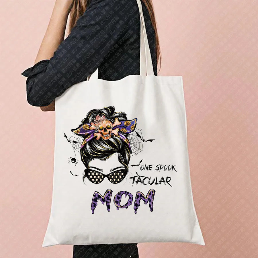 Halloween Witch Pattern Canvas Tote Bag Reusable Shopping Bag For Commuting Traveling Women Large Square Fashionable Bag