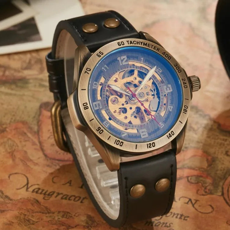 Retro Color Block Butterfly Double Snap Buckle Mechanical Watch Men's Watches