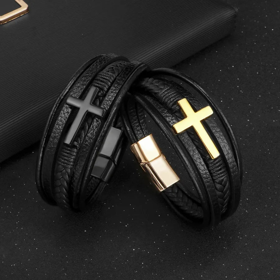 ethnic style cross pu leather braid men's wristband
