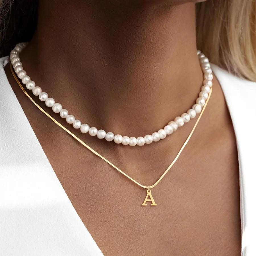 Casual Elegant Simple Style Letter 201 Stainless Steel 304 Stainless Steel Artificial Pearl Beaded Chain snake chain Layered Necklaces Wholesale