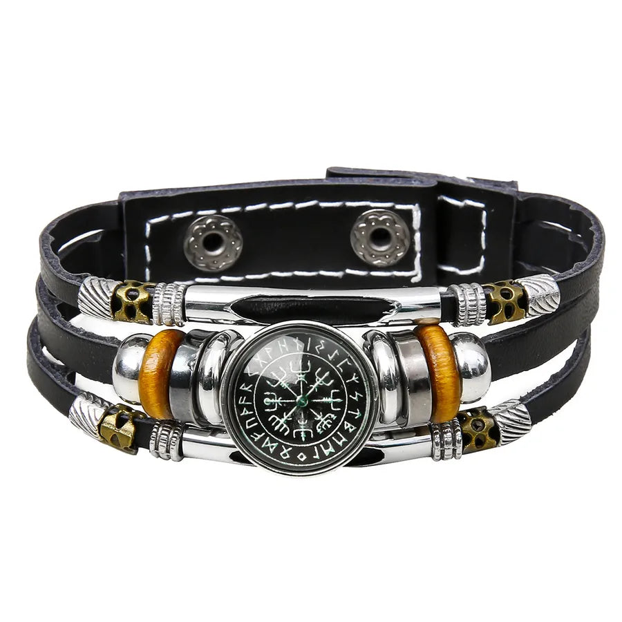 Hot Sale Viking Pirate Compass Pattern Leather Bracelet   Retro Multi-Layer Beaded Bracelet