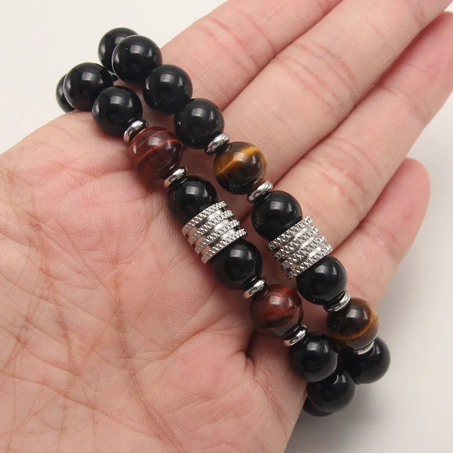 Punk Cool Style Round 304 Stainless Steel natural stone Beaded Braid White Gold Plated Men's Bracelets