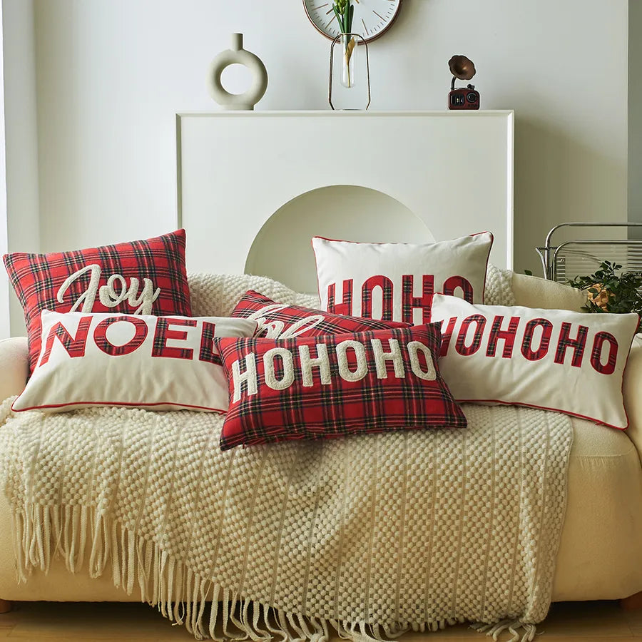 Christmas Print Embroidered Letter Cushion Cover Red And Green Plaid Fabric Home Decorative Pillowcase American Style