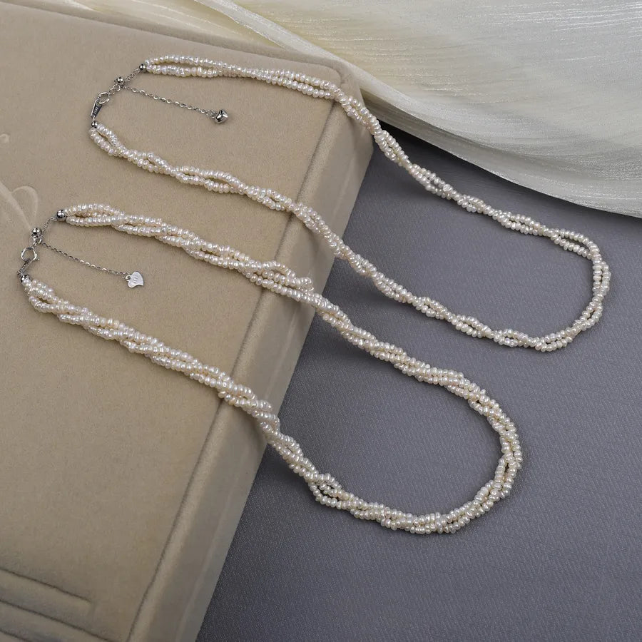 Natural Freshwater Pearl Necklace Simple Style Three-Layer Double-Layer Twisted Chain Small Flat Beads 2-3mm Jewelry Accessory