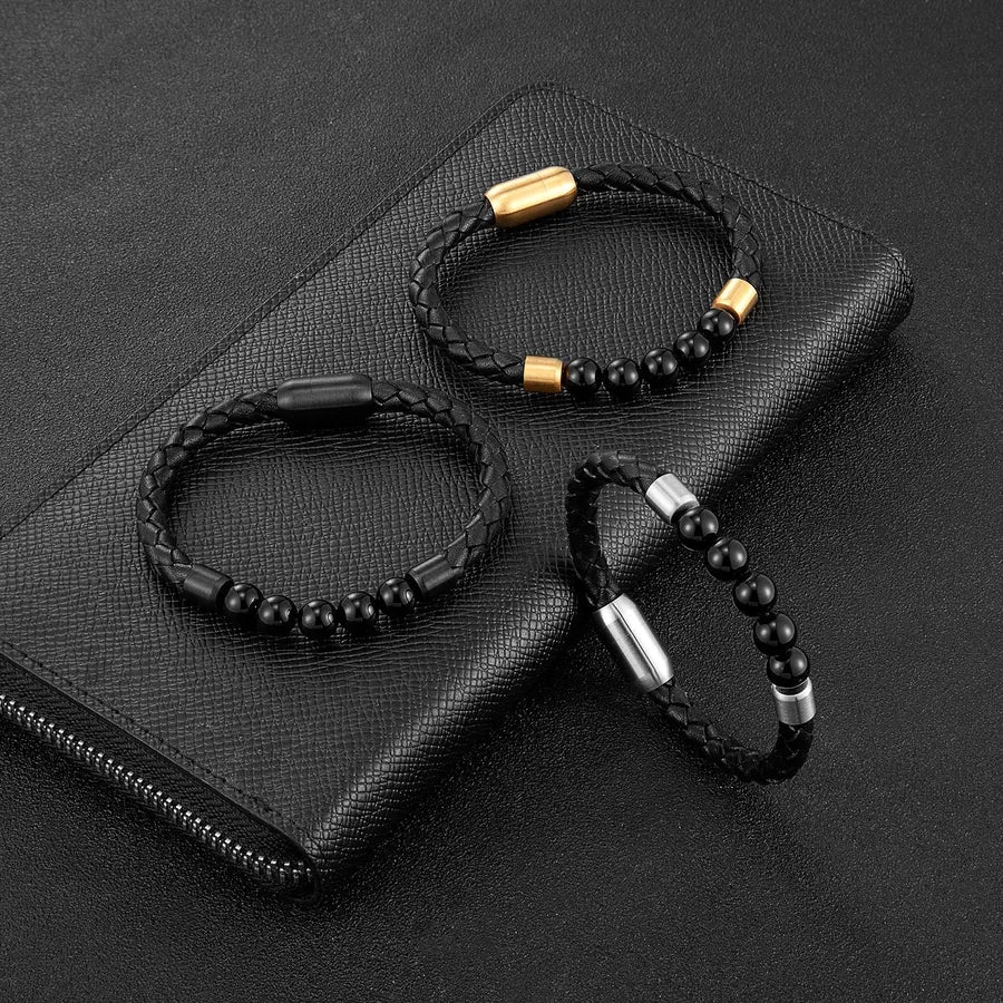 Retro Simple Style Geometric 316L Stainless Steel  Leather Plating Men's Bracelets Men Cord & Leather Bracelets