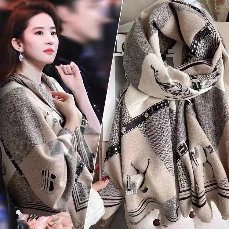 women's retro color block imitation cashmere printing scarf