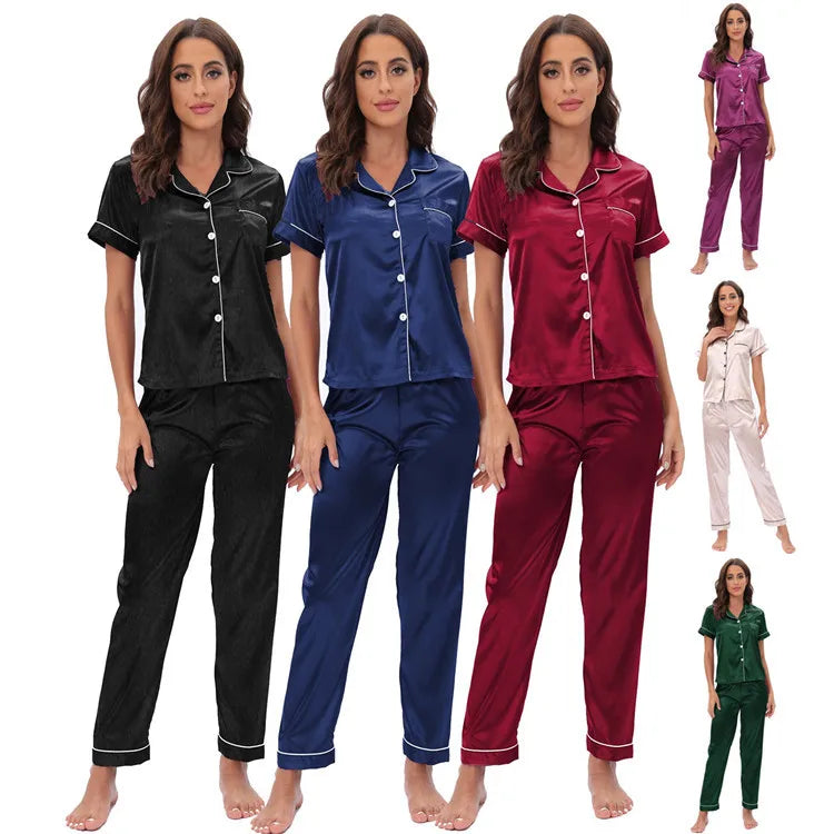 Middle East Europe Women's Home Clothes Two-Piece Set Color Silk Set Sleepwear Casual Luxury Summer Polyester Fabric