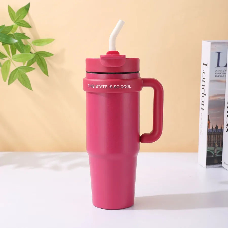 Giant 30Oz Handle Cup, 304 Stainless Steel Thermos Cup, Car Double Drinking Straw Large Ice Cup