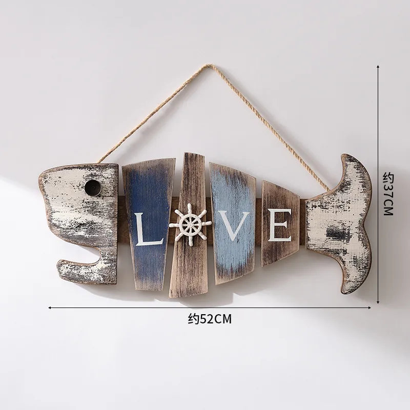 Vintage Style Marine Style Letter Fish Wood Hemp Rope pendant Wall Art