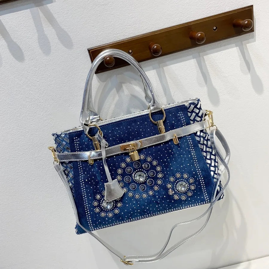 Women's Medium Denim Geometric Streetwear Lock Square Zipper Tote Bag