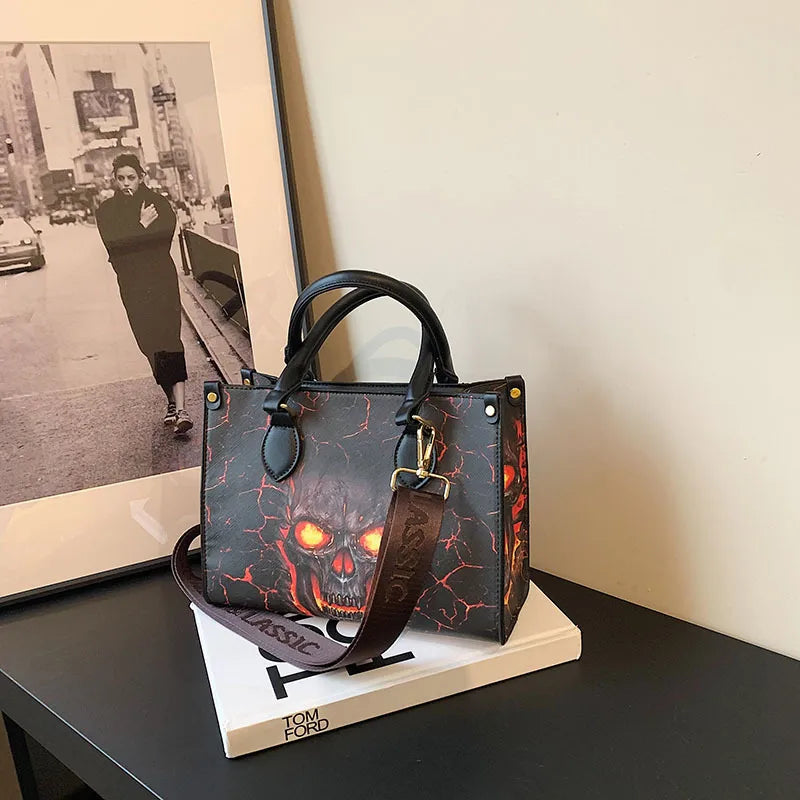 Halloween Women's Large Pu Leather Skull Streetwear Square Zipper Tote Bag