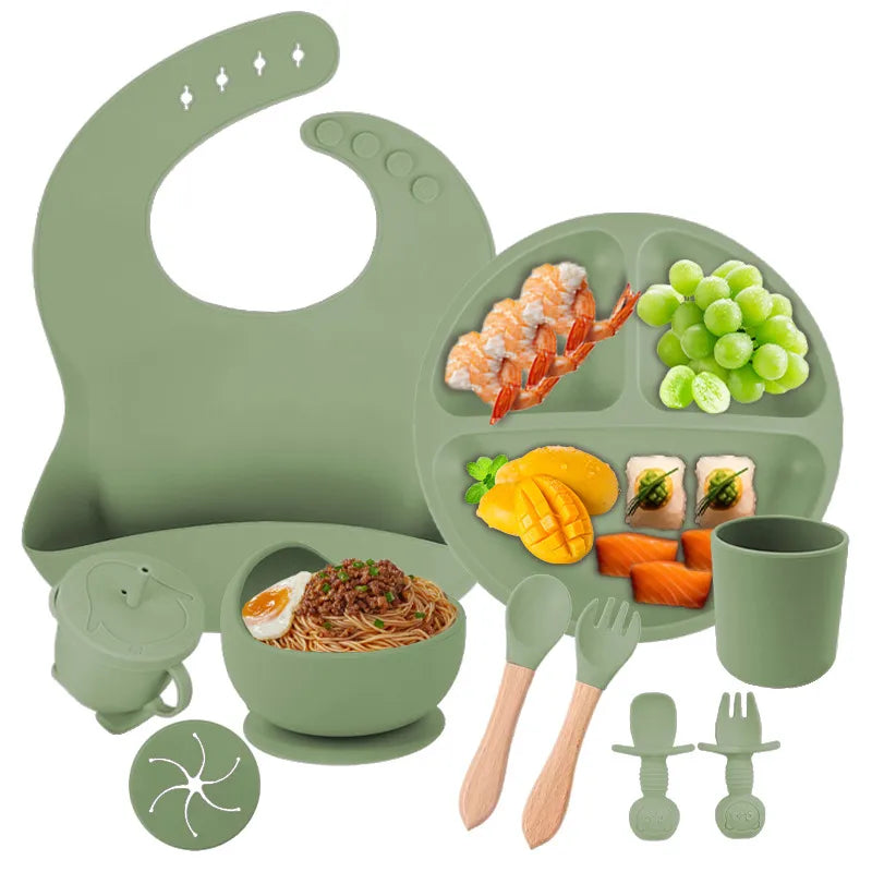 Baby silicone tableware suit baby learning to eat food supplement tableware self-eating sucker bowl integrated children's plate
