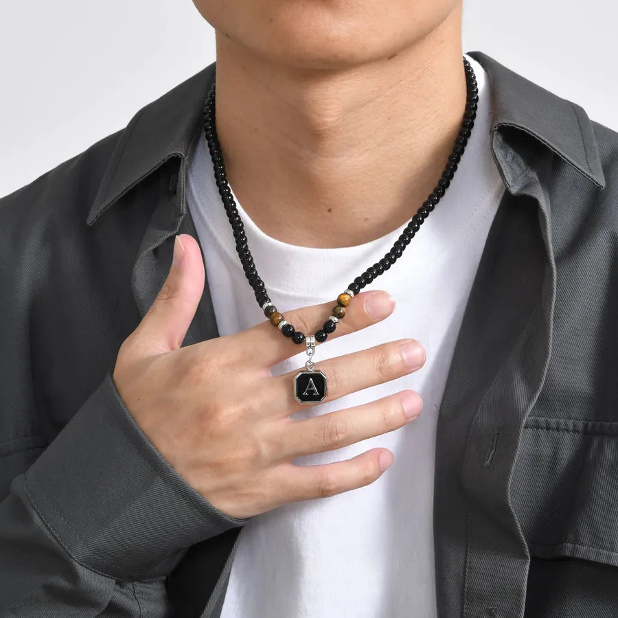 Simple Style Letter 304 Stainless Steel Arylic Tiger Eye Beaded Handmade Inlay Tiger Eye Men's Pendant Necklace