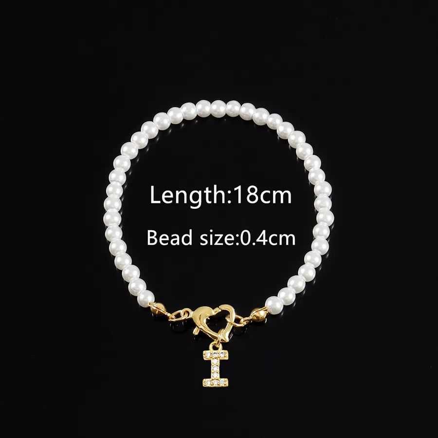 Elegant Classic Style Letter Heart Shape Zircon Artificial Pearl Copper Beaded Chain Beaded Bracelets Wholesale