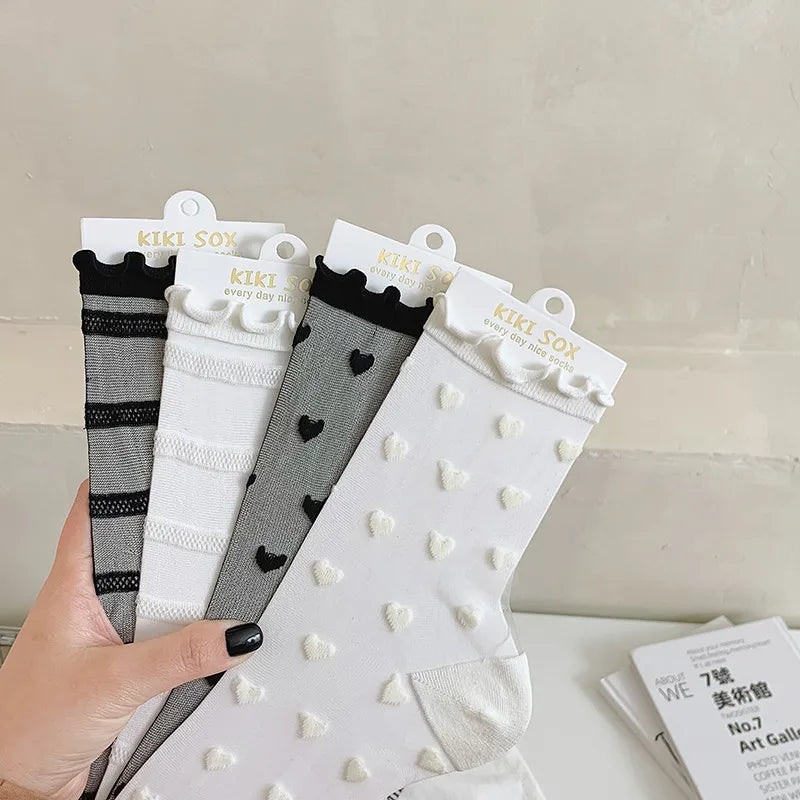 A Pair Cute Women's Heart Shape Nylon Crew Socks
