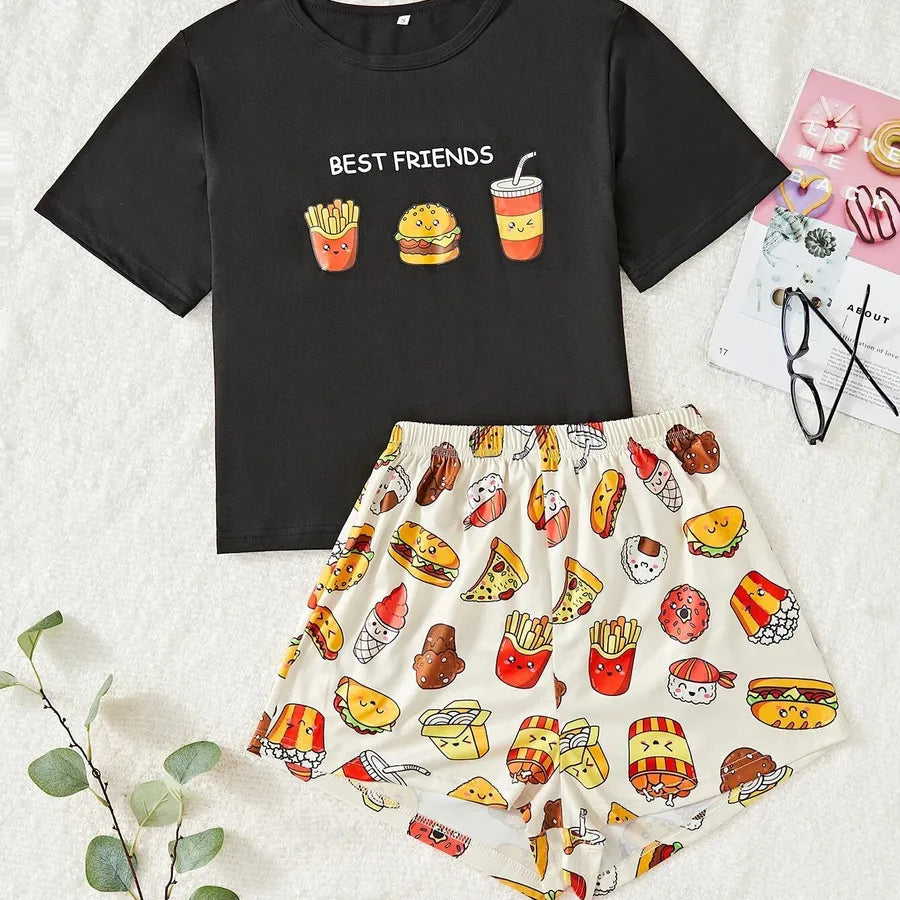 Home Daily Women's Casual Stripe Popcorn Cup Polyester Shorts Sets Pajama Sets