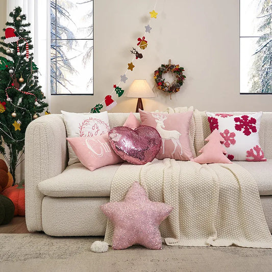 Ins Style Decorative Plush Pillow Cover Pink Embroidery Sofa Living Room Decorative Cushion Cover Festive Star Pattern