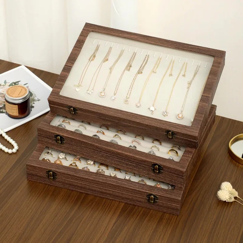 Retro Style Wooden Texture Leather Jewelry Box With Glass Lid Dustproof Storage For Rings Necklaces Bracelets Accessories Display