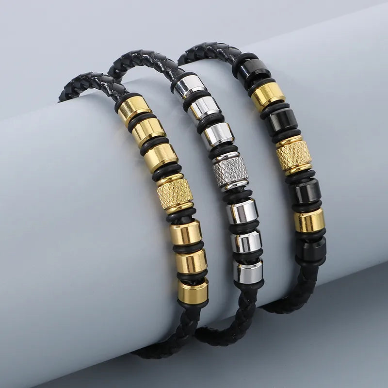 Casual Business Simple Style Geometric 304 Stainless Steel Microfiber Leather 18K Gold Plated Men's Bangle
