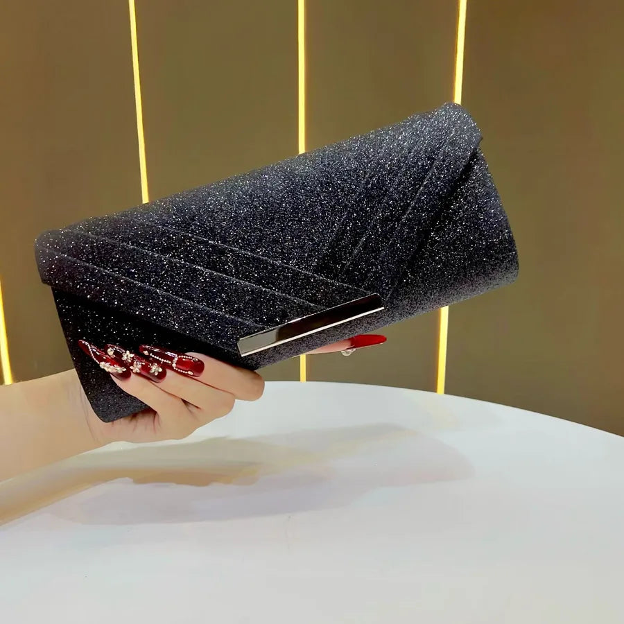 Shiny Evening Bag Clutch Chain Shoulder Bag Luxury Fashionable Polyester Square Envelope Bag Folded Edge Design For Banquet
