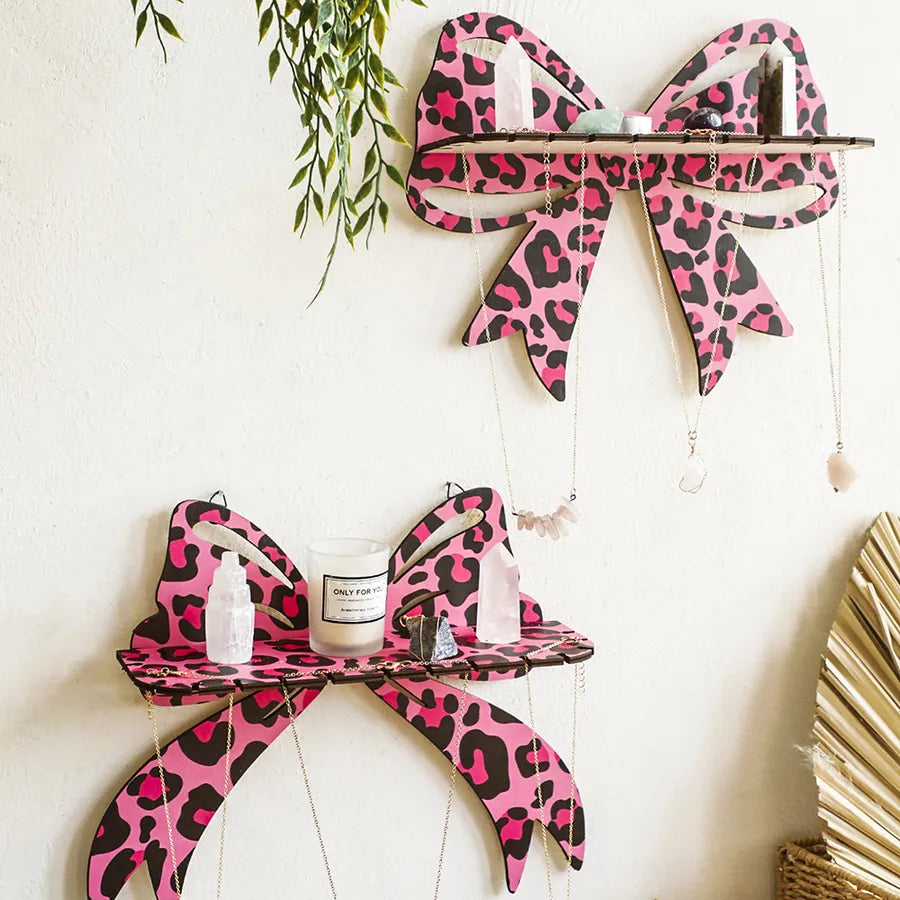 Cute Bow Knot Leopard Wood Storage Rack Wall Art