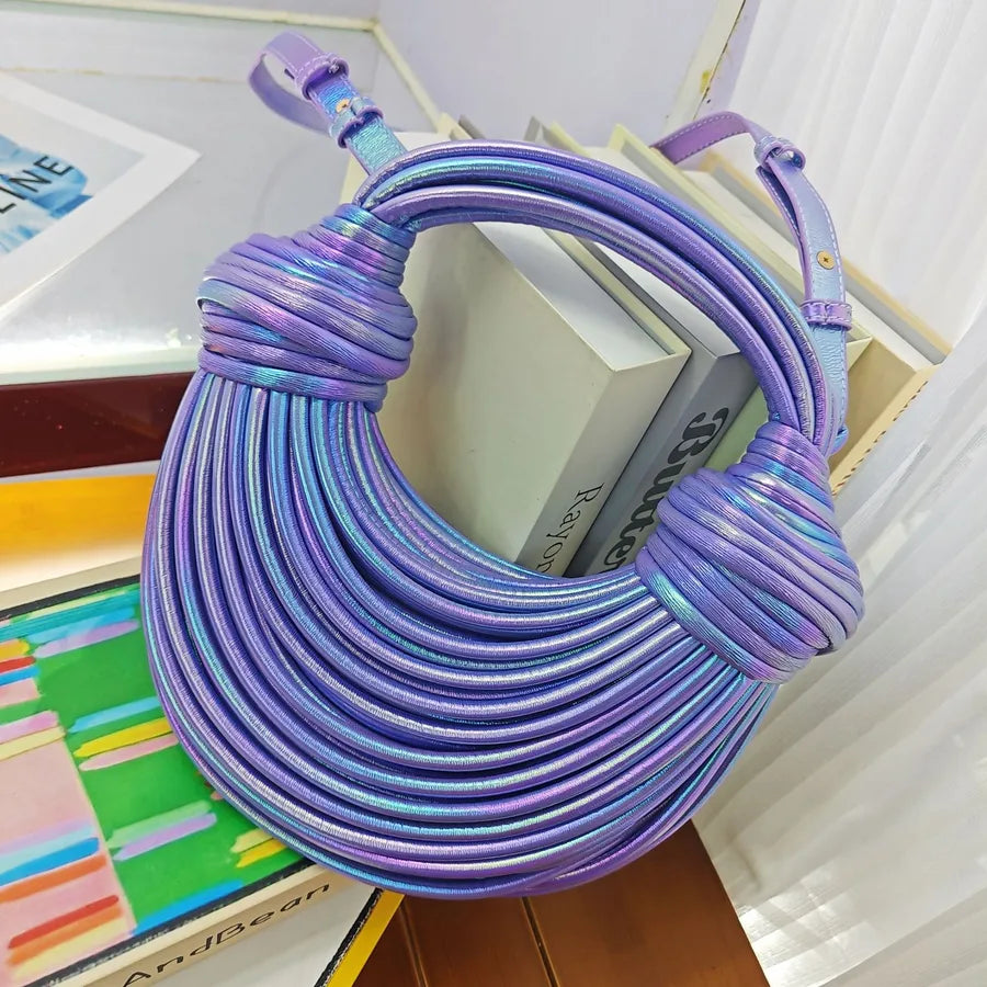 Women's Small Pu Leather Stripe Elegant Vacation Dumpling Shape Zipper Straw Bag