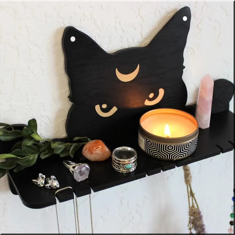 Cute Retro Cat Wood Ornaments Storage Rack Wall Art