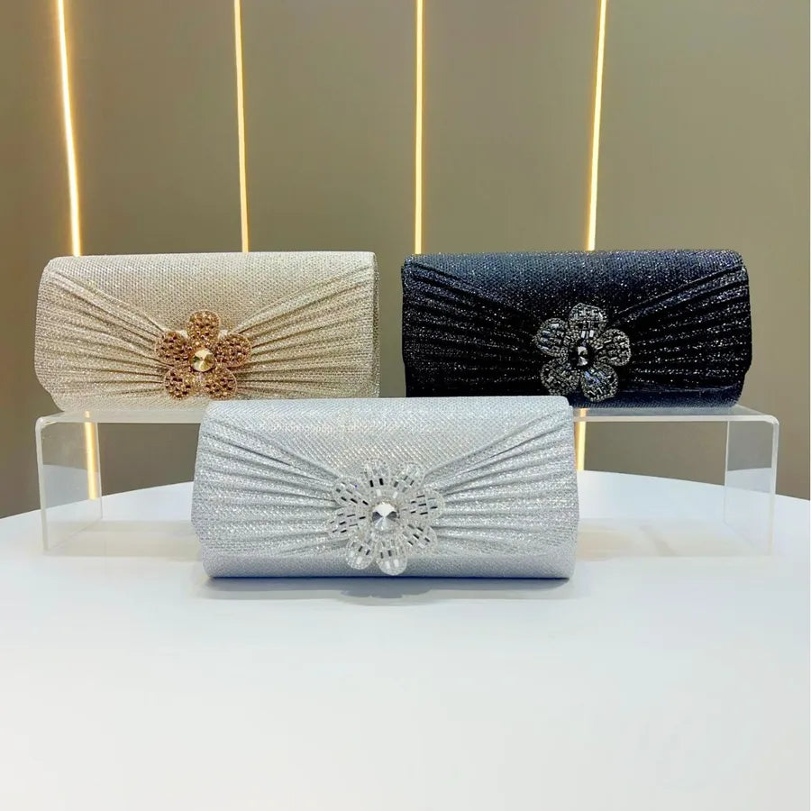 Elegant Evening Bag For Women Diamond Embedded Flower Design Chain Handbag Square Shape Polyester Material Fashionable Trend
