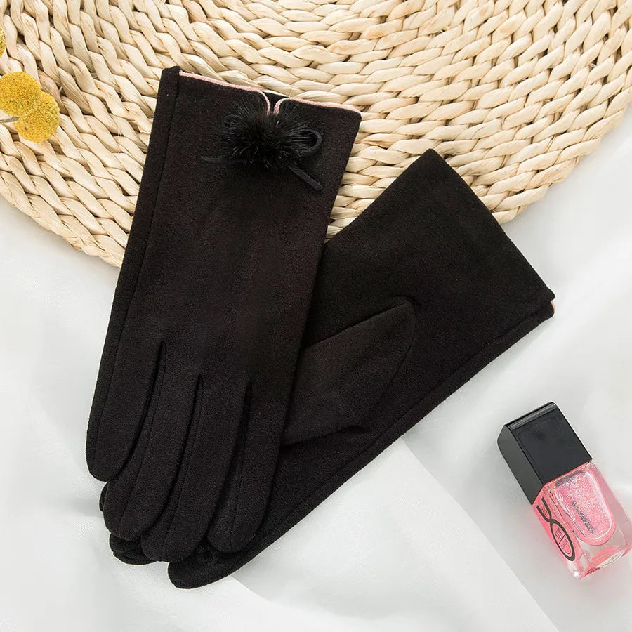 Fashionable Warm Ladies' Velvet Touchscreen Gloves Cute Ball Driving Outdoor Cycling Cold Proof Winter Hand Warmers