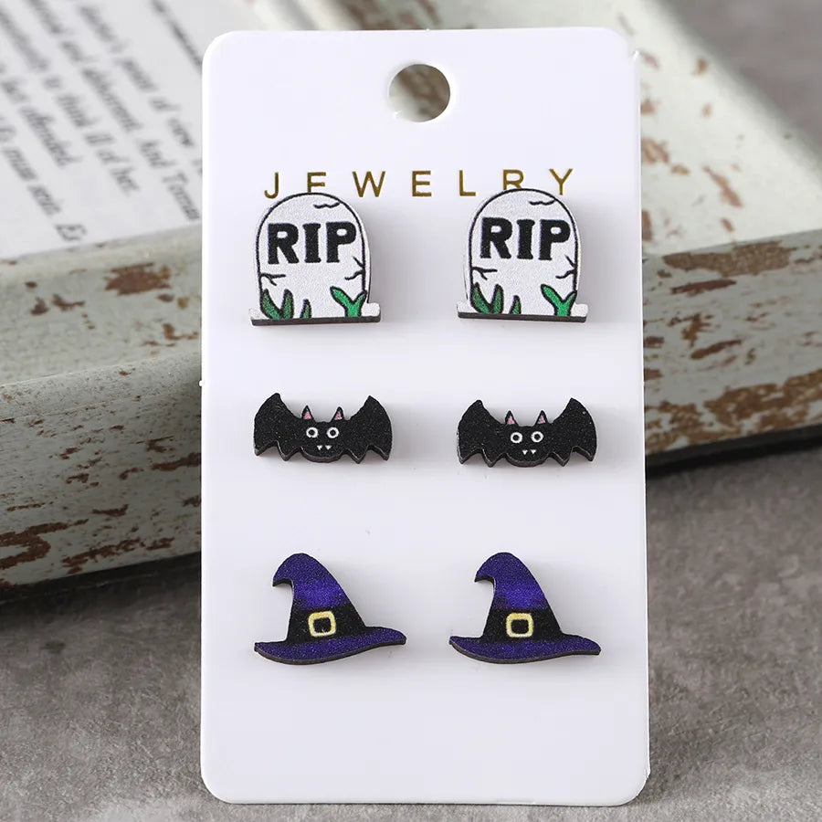 Wooden Vintage Halloween Party Ear Studs Set For Women Bat Pumpkin Witch Hat Skeleton Black Cat Design Stainless Steel Post