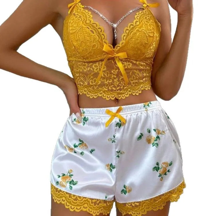 Sexy Lace Trim Sleepwear Set  Style Home Clothes Attractiveness Innerwear Bra Shorts For Women