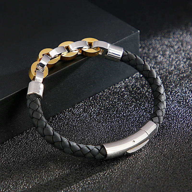 Hip-Hop Retro Color Block Stainless Steel Pu Leather Plating Chain 18K Gold Plated Men's Bangle