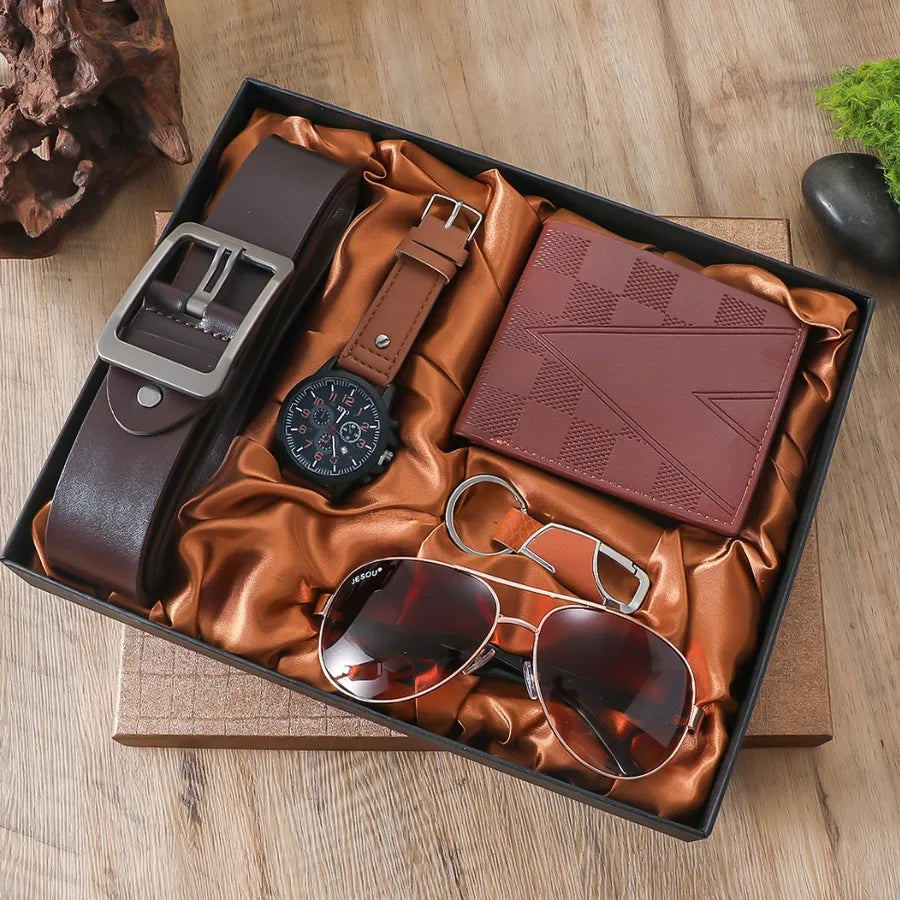 Solid Color Buckle Quartz Men's Watches Gift Set