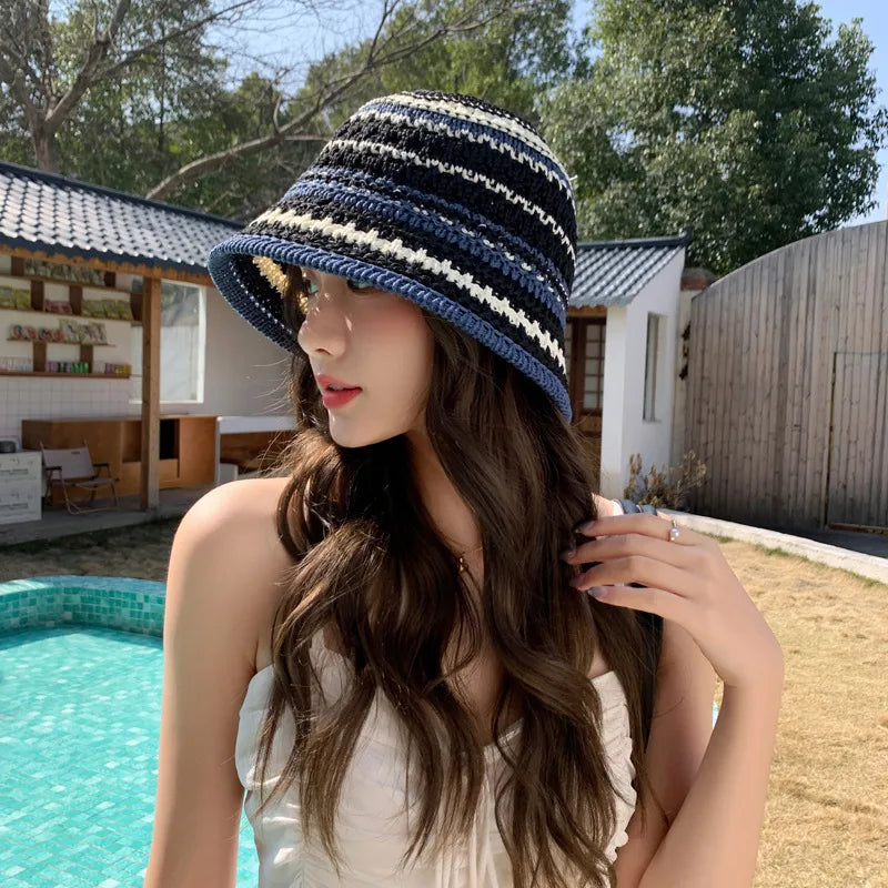 Women's Elegant Stripe Hollow Out Eaveless Bucket Hat