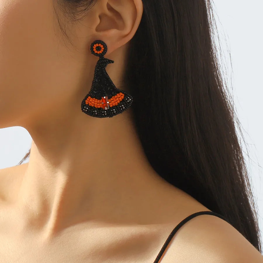 1 Pair Halloween Gothic French Style witch hat Beaded Bead Sequins Rhinestone Pu Bottom Drop Earrings