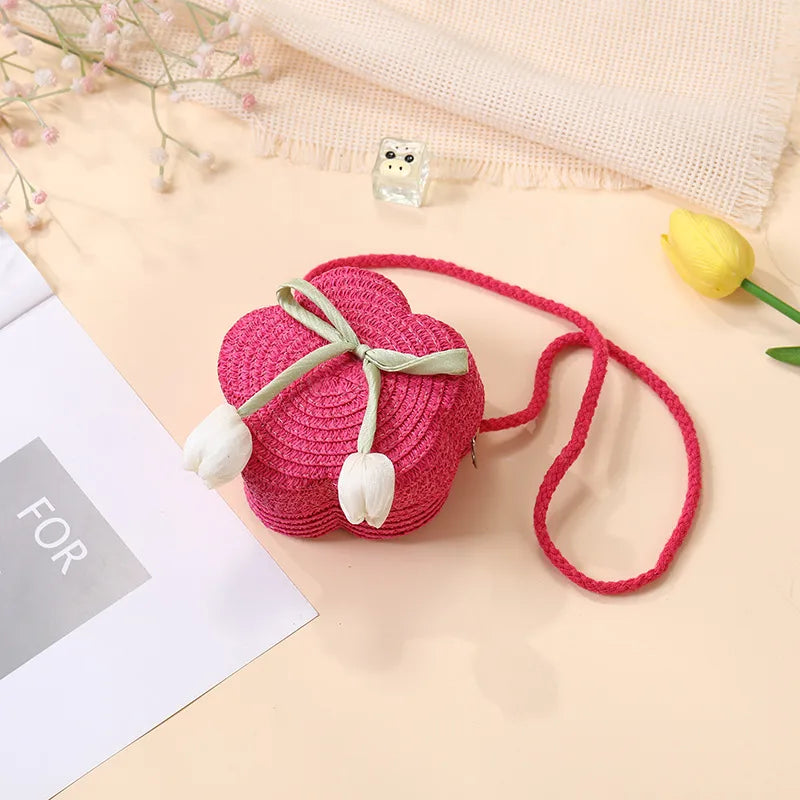 Summer Beach Seaside Tulip Straw Woven Bag  New Children Flower Straw Bag Mobile Phone Crossbody Bag