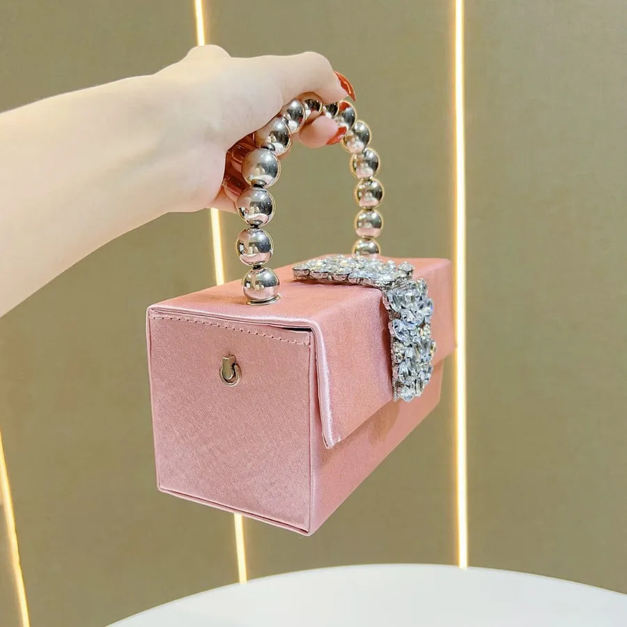 Shiny French Style Silk Satin Surface Pearl Box Handbag Women's Crossbody Bag For Party Elegant Fashionable Square Bag