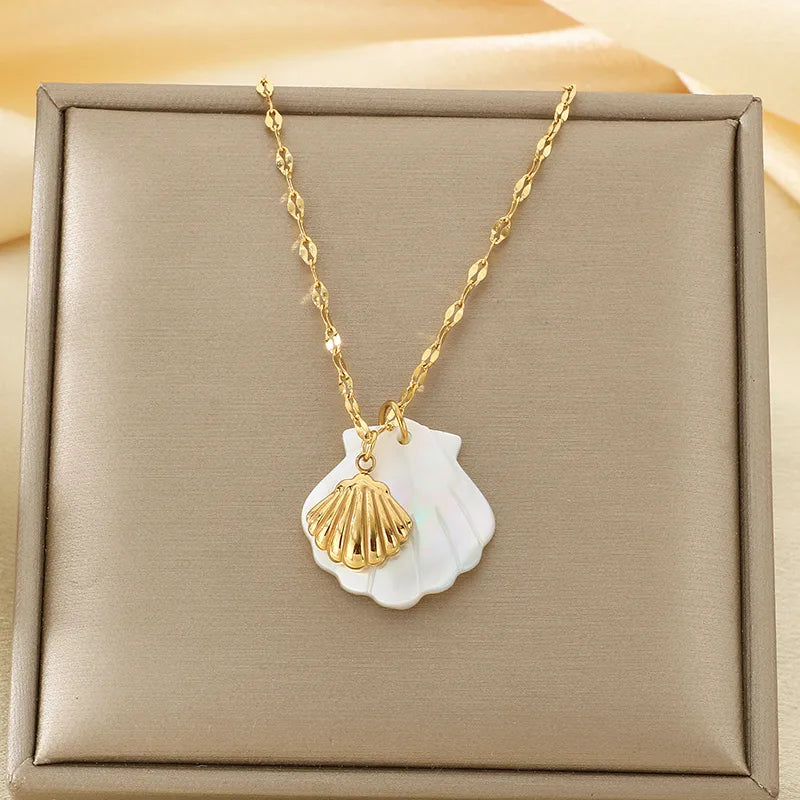 Wholesale Jewelry Marine Style Simple Style Tortoise Starfish Conch 304 Stainless Steel 18K Gold Plated coffee bean chain Pendant Necklace