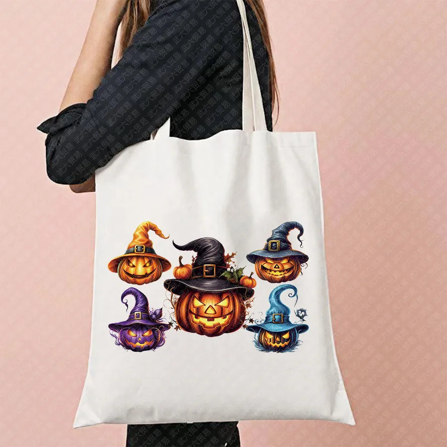 Scary Cat Halloween Pumpkin Pattern Canvas Tote Bag Reusable Shopping Bag Large Square Shape Double Shoulder Strap Tote Bag