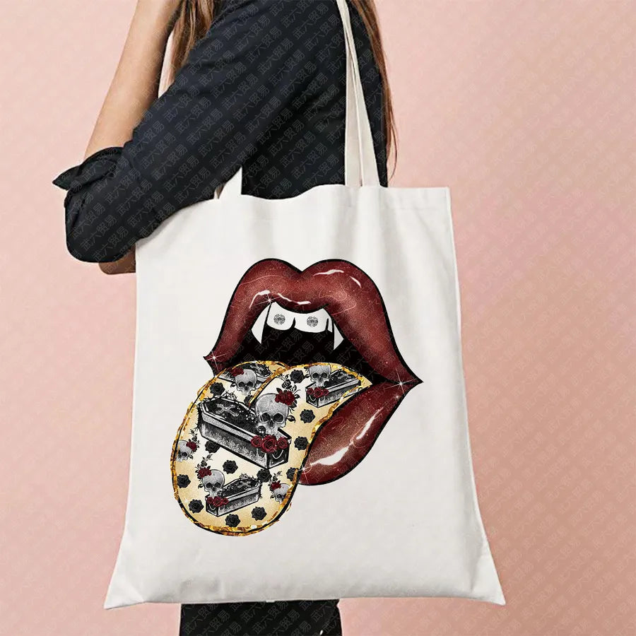 Halloween Movie Pattern Canvas Tote Bag Reusable Shopping Shoulder Bag Travel Large Square Printed Handbag Retro Style Women