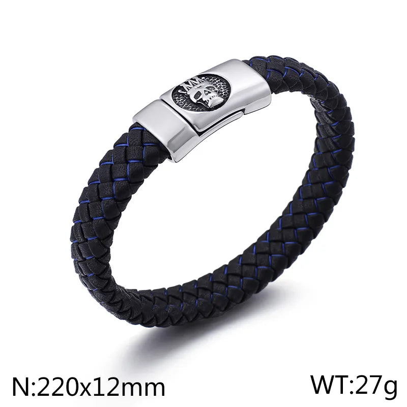 hip-hop retro color block pu leather titanium steel braid men's bangle