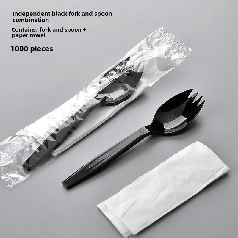 Shanghai Shangji black and white long handle plastic fork spoon disposable knife and fork creative portable tableware three-piece spoon