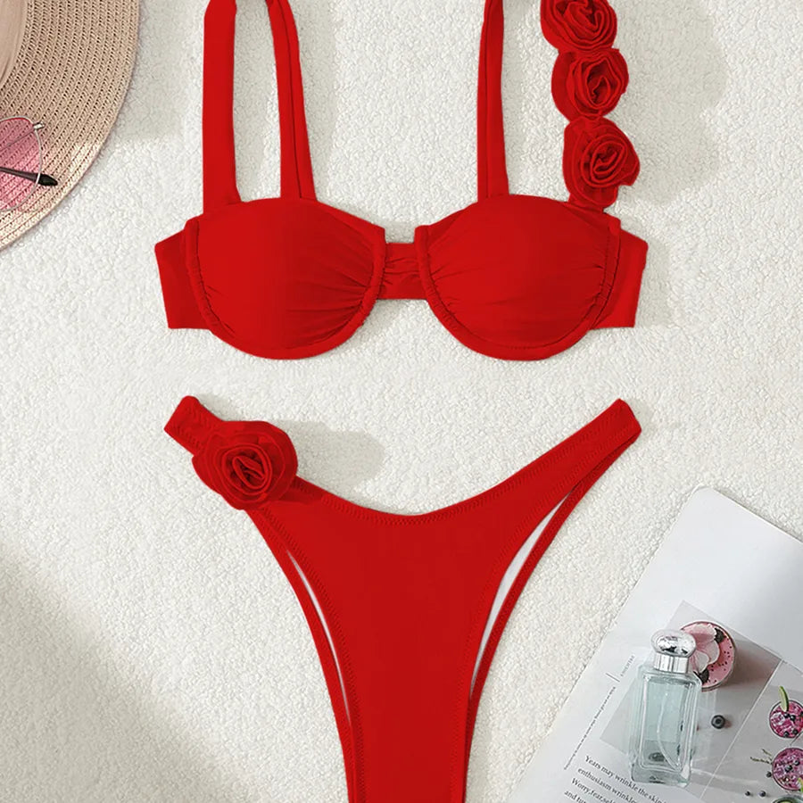 Women's Solid Color Flower 2 Pieces Set Bikinis Swimwear