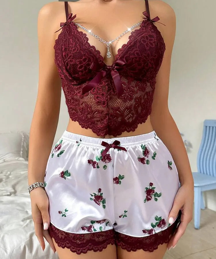 Sexy Lace Trim Sleepwear Set  Style Home Clothes Attractiveness Innerwear Bra Shorts For Women
