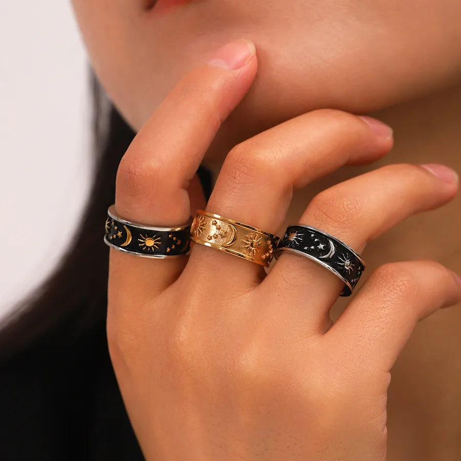 Wholesale Jewelry IG Style Original Design Hip-Hop Star Moon 304 Stainless Steel Titanium Steel 18K Gold Plated Rings