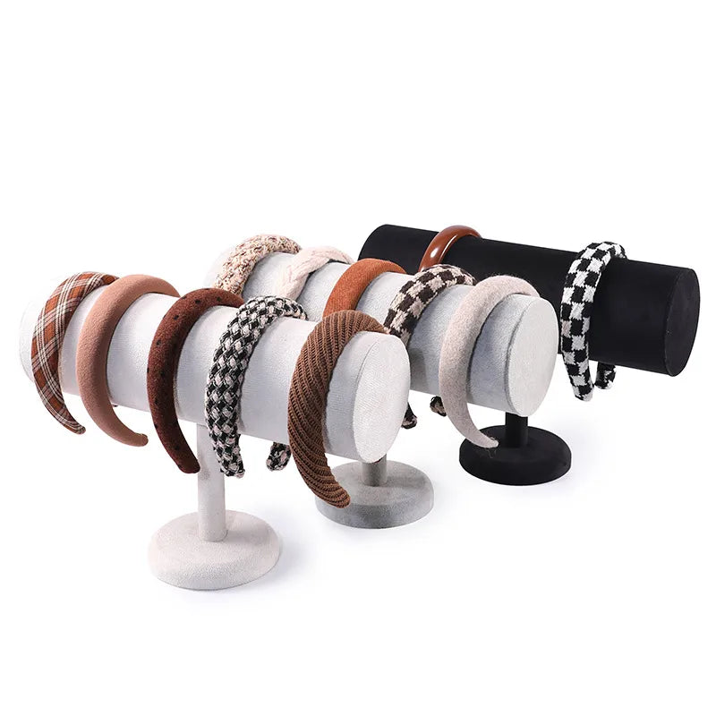 Velvet Jewelry Display Stand Headband Holder Fashion Accessory Showcase Elegant Wooden Cylinder Structure Portable Design