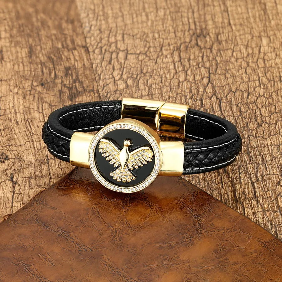 luxurious punk animal stainless steel pu leather copper plating inlay natural stone zircon men's bracelets